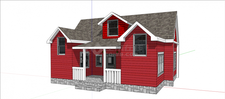 美式红色木制板组合别墅su模型-图二