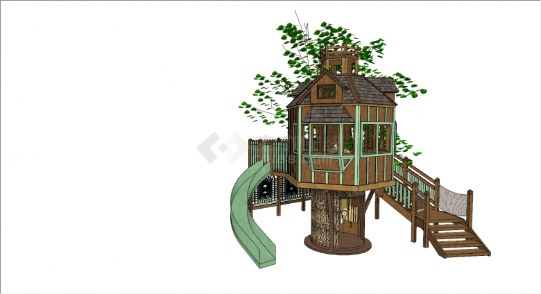 带树木带滑梯小木屋su模型-图二