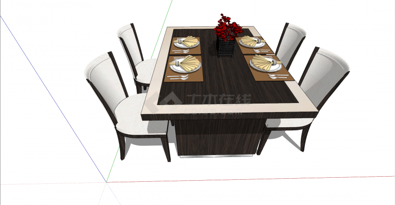 带四个软椅的木制西餐桌su模型-图二