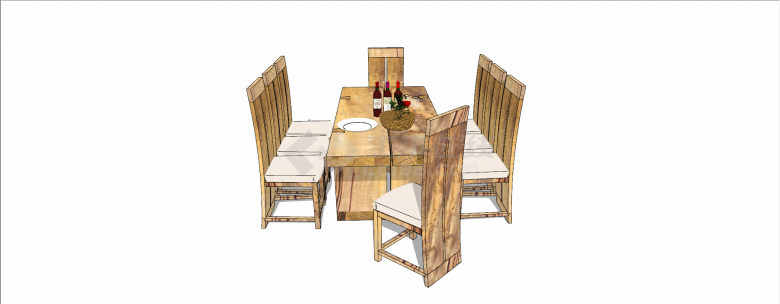 新中式长方形实木有纹路八人餐桌组合su模型-图一