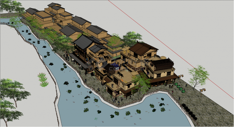 棕色的墙身旁边有河流的村庄改造民宿su模型-图一