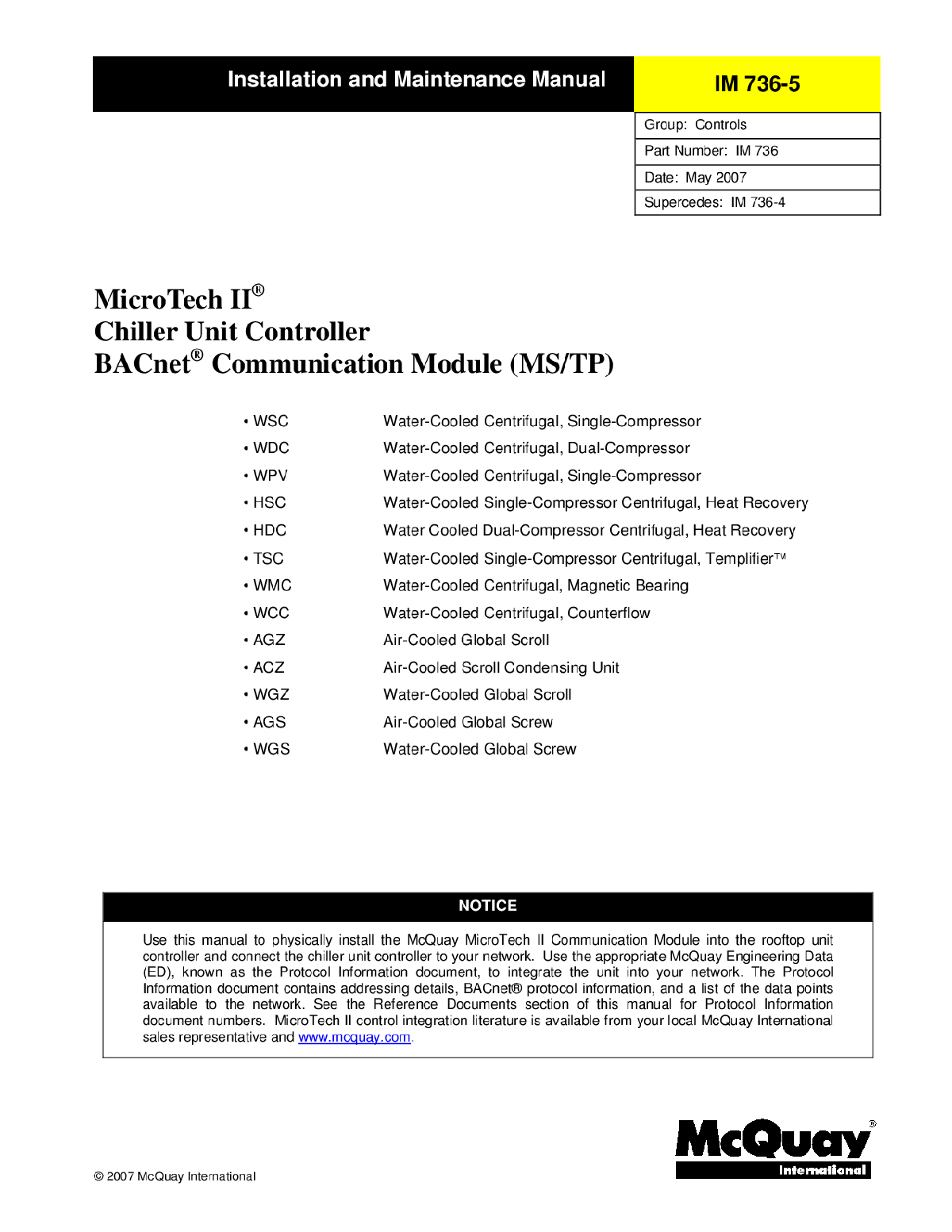 麦克维尔II&reg; Chiller Unit Controll-图一