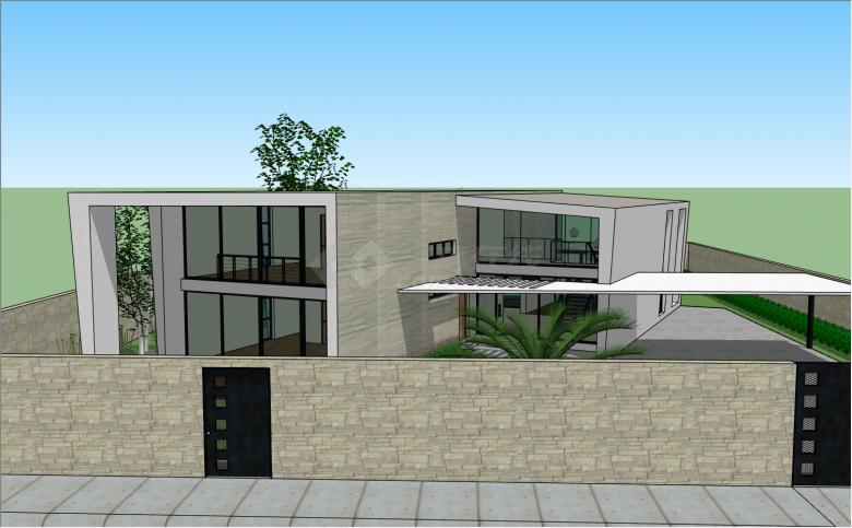 2幢平行四边形造型建筑为主体，墙面以灰色为主色调带泳池的别墅su模型-图一