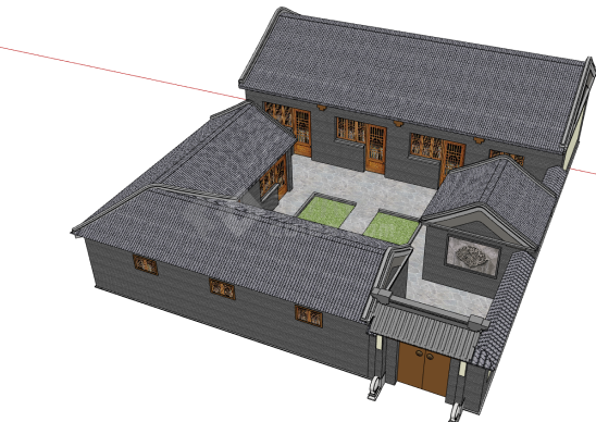 复古建筑带有四合院的的民宿酒店su模型-图一