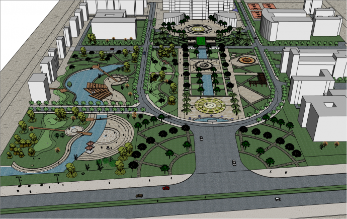 大型欧式风格水系广场公园su模型_图1
