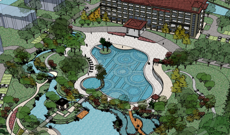 中式大型广场公园环湖su模型-图二