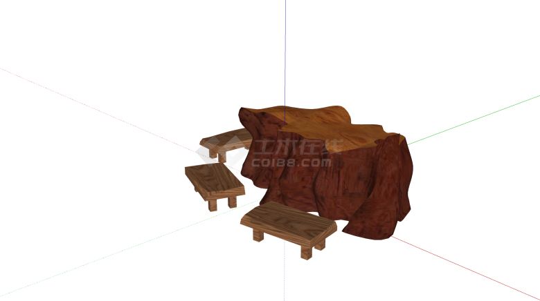 三根小矮凳根雕茶桌茶台su模型-图二
