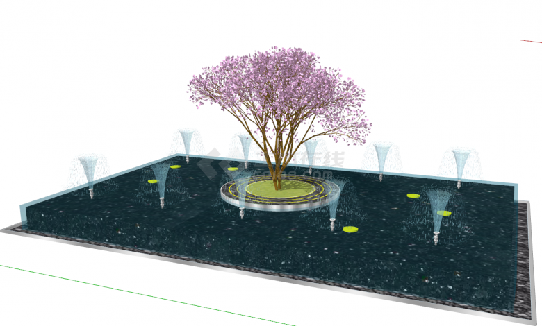 新中式唯美喷泉水景树池su模型-图二