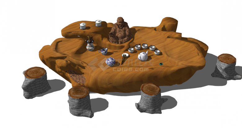 深棕色精雕刻的根雕茶桌茶台su模型-图二