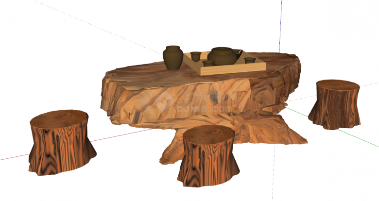 精雕刻实木一体带深色茶具的根雕茶桌茶台su模型-图一