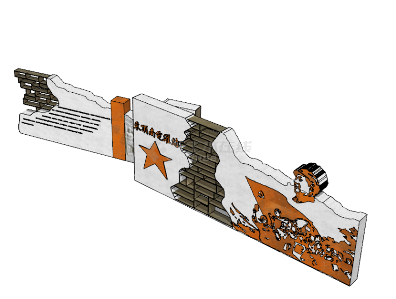 新中式创意红色党建农耕文化景墙su模型-图一