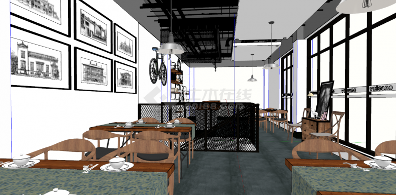 现代工业风格的小型咖啡厅su模型-图一