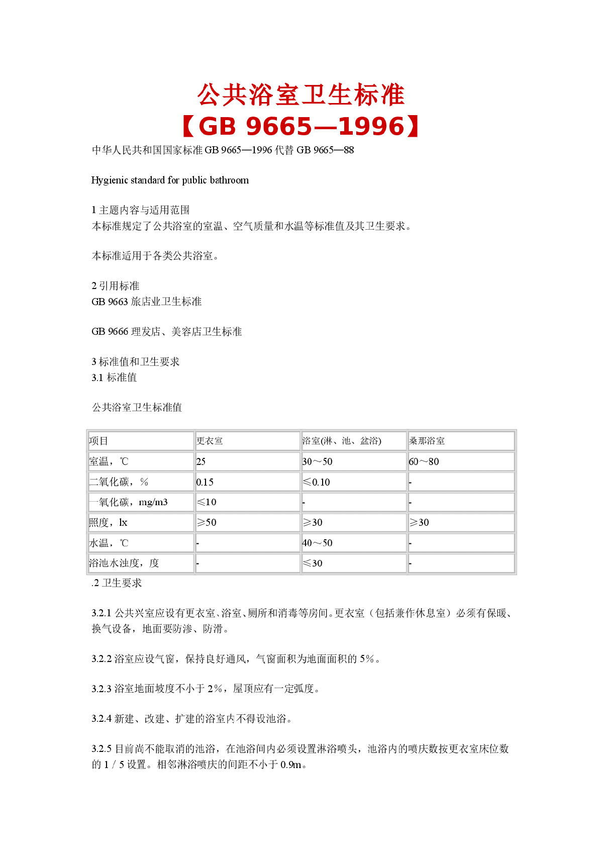 公共浴室卫生标准GB 9665—1996-图一