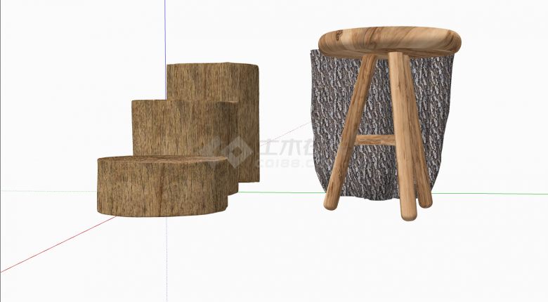 现代木头凳子杉木桩su模型-图二