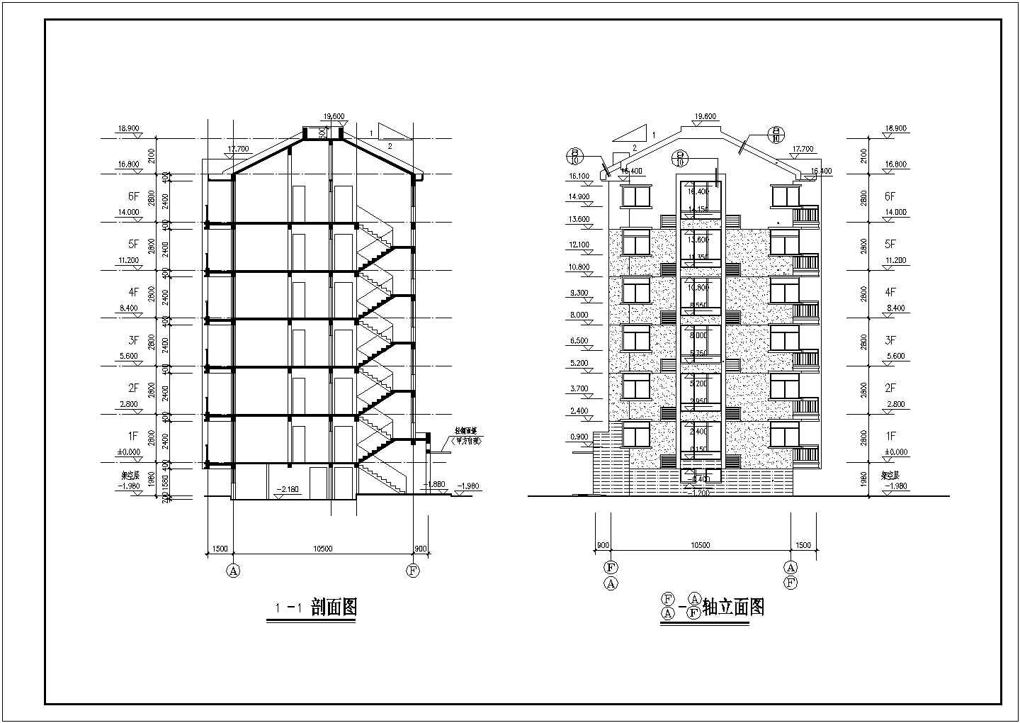 某六层二单元2户对称户型住宅楼建筑设计图（长26.4米 宽10.5米）