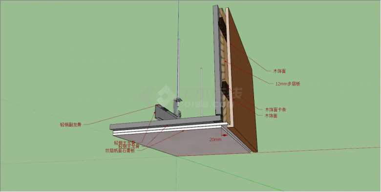 石膏板与木饰面吊顶局部细节su模型-图一