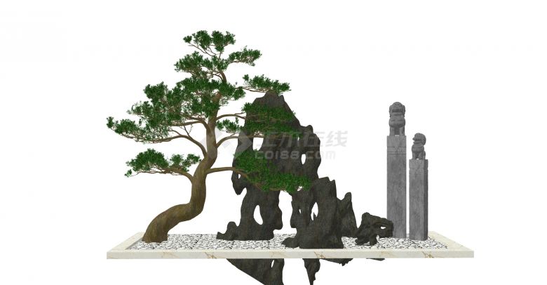 假山石狮子罗汉松造型树su模型-图一