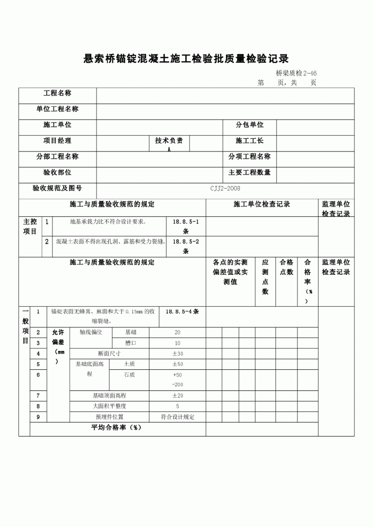 悬索桥锚锭混凝土施工检验批质量检验记录-图一