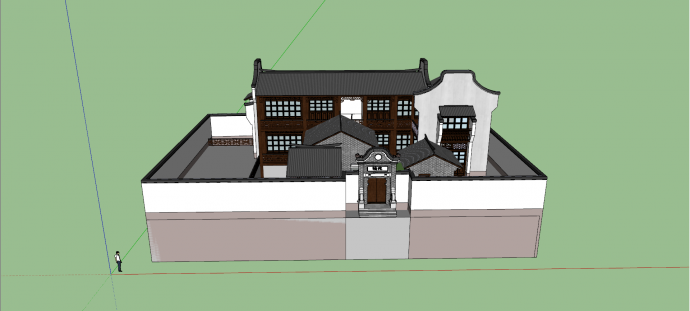 大型两层黑瓦白墙古建民居su模型_图1