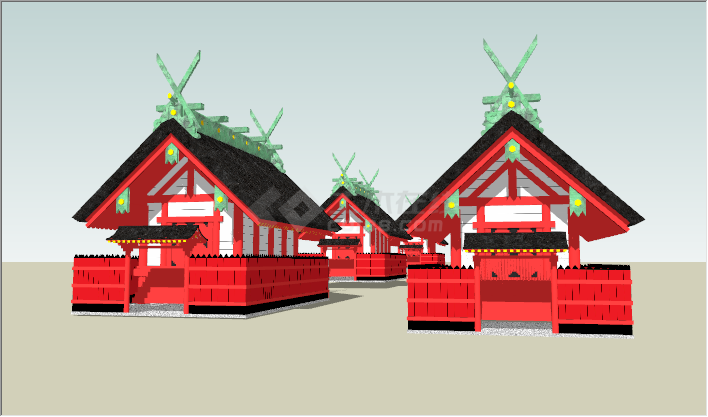 中式唐风大红色建筑物拼图su模型-图一
