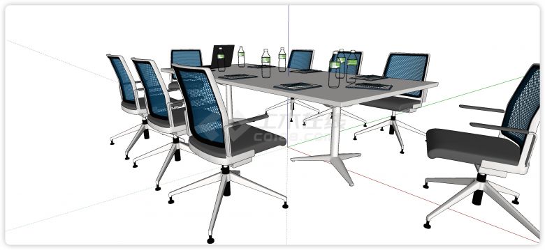 蓝色网纹靠背椅白色办公桌会议桌su模型-图二