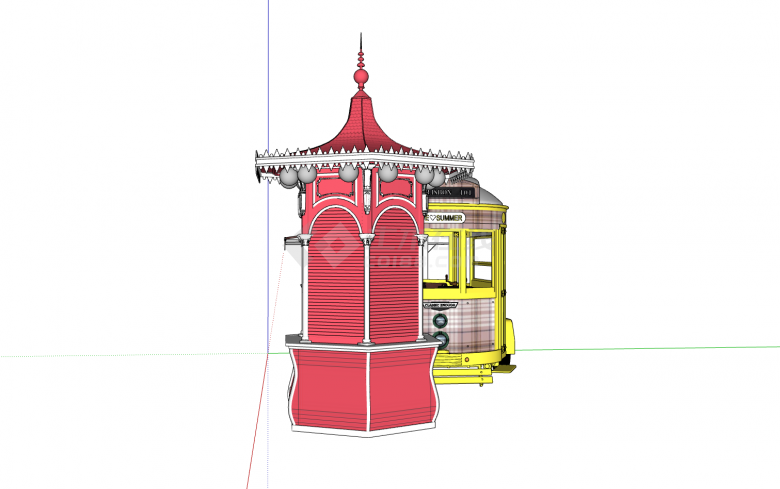 两台黄色快餐车加上粉红色尖顶售卖亭su模型-图二