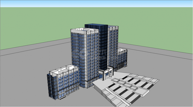 三栋带有蓝色玻璃的建筑su模型-图二