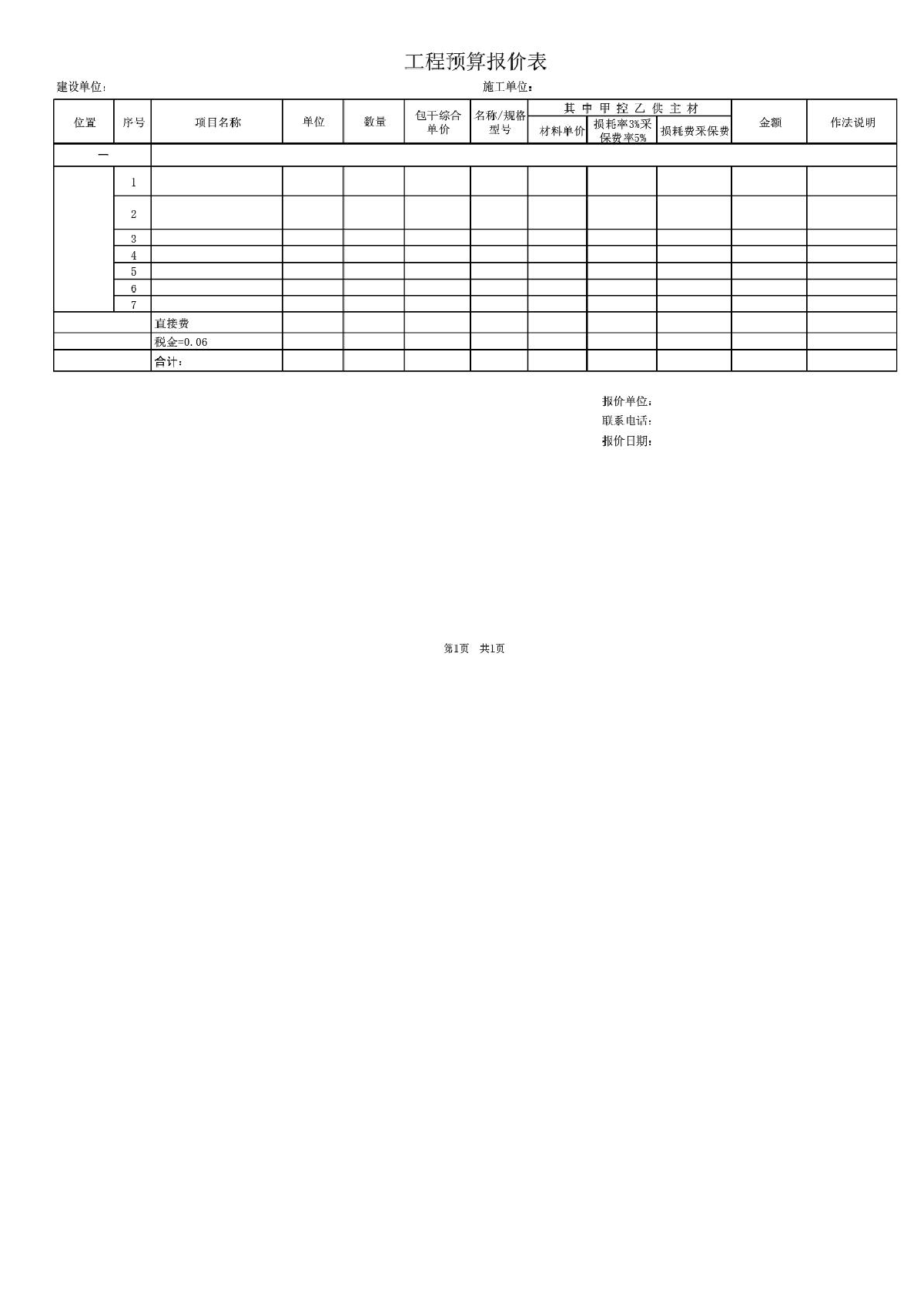 标准工程预算报价表格式-图一