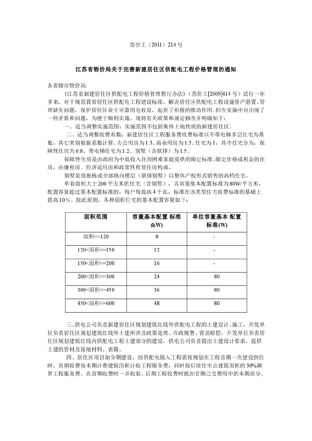 【江苏】新建居住区供配电工程价格收费标准〔2011〕214号-图一