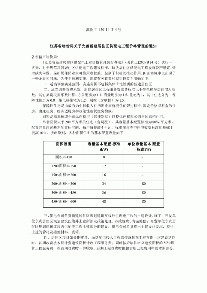 【江苏】新建居住区供配电工程价格收费标准〔2011〕214号_图1