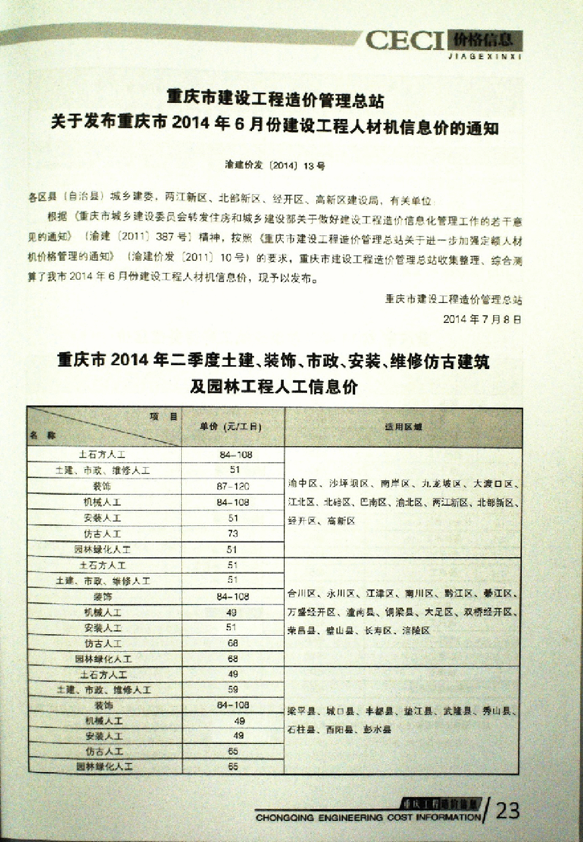 【重庆】建筑工程实物工程量人工成本信息（2014年第2季度）