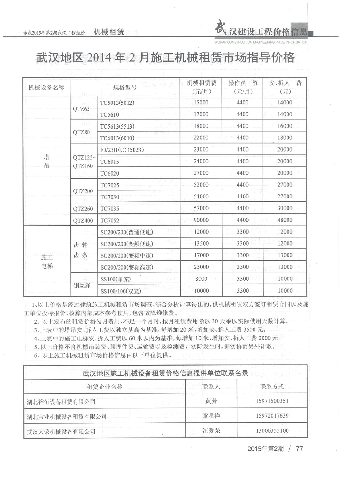 【武汉】施工机械租赁市场指导价（2015年2月）