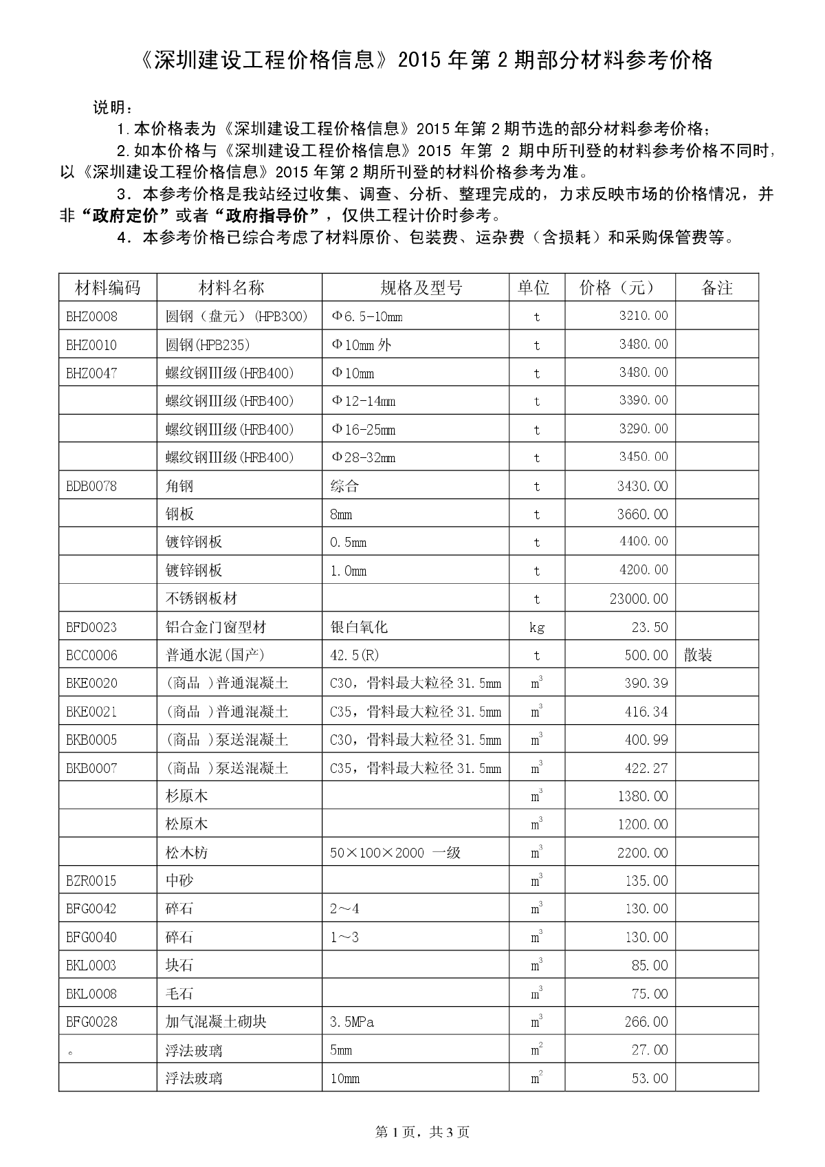 【深圳】建设工程材料价格信息（2015年2月）-图一