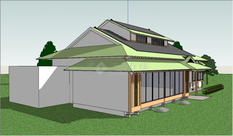 日式简约淡绿色屋顶别墅庭院su模型-图二