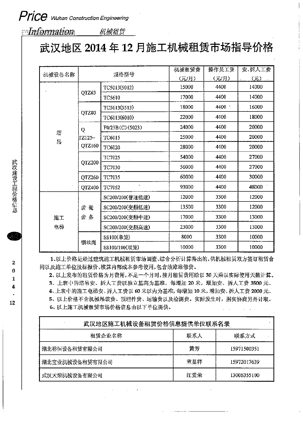 【武汉】2014年12月施工机械租赁市场指导价-图一