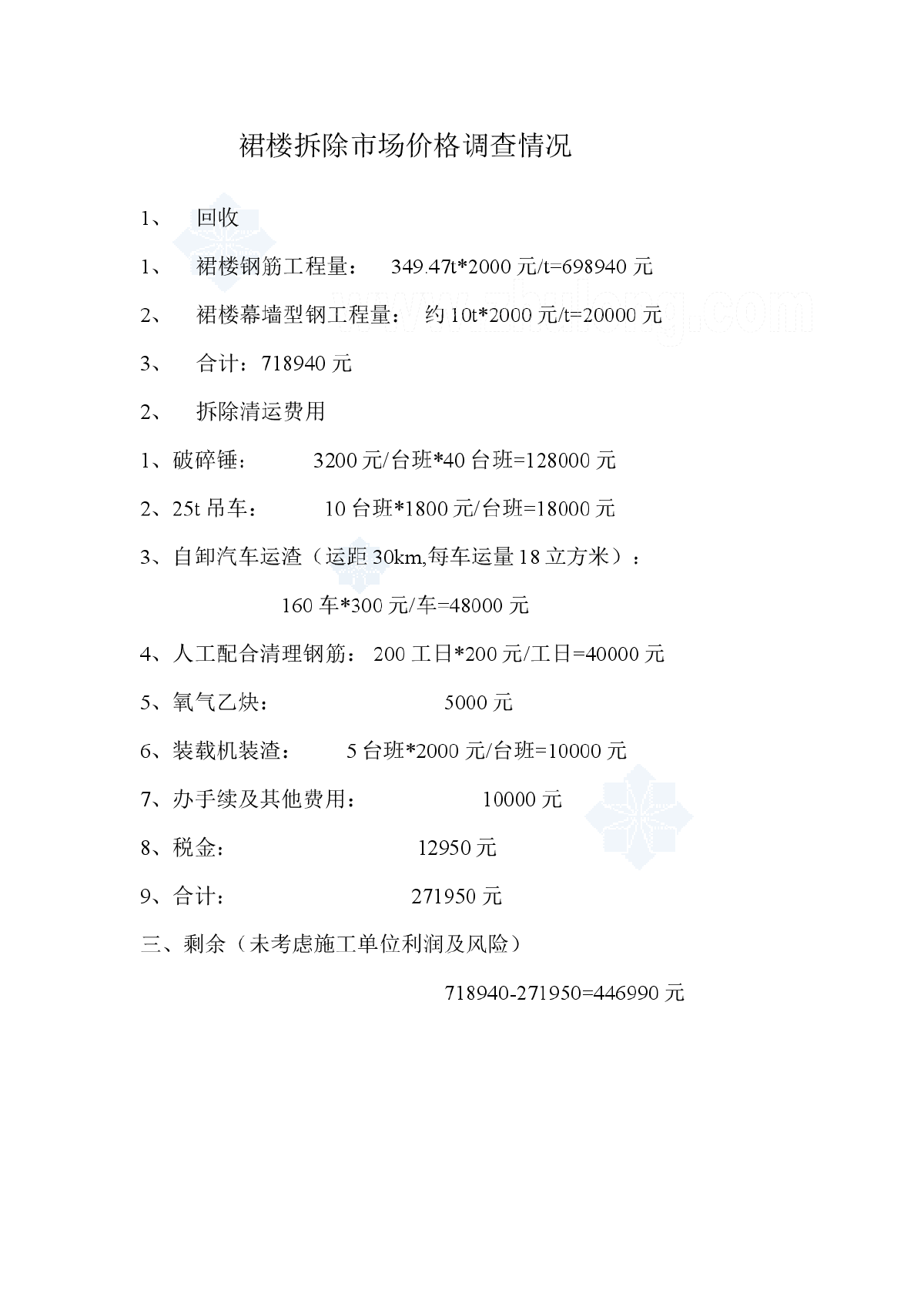 [安徽]2013年某裙楼拆除工程市场价格-图一