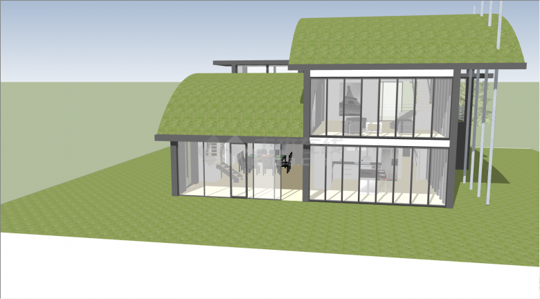 带有绿色屋顶的简约的别墅su模型-图二