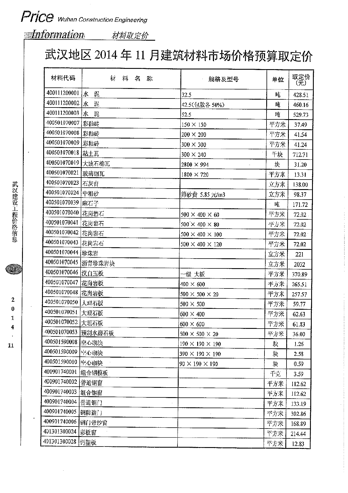 【武汉】建筑材料市场价格预算取定价（2014年11月）-图一