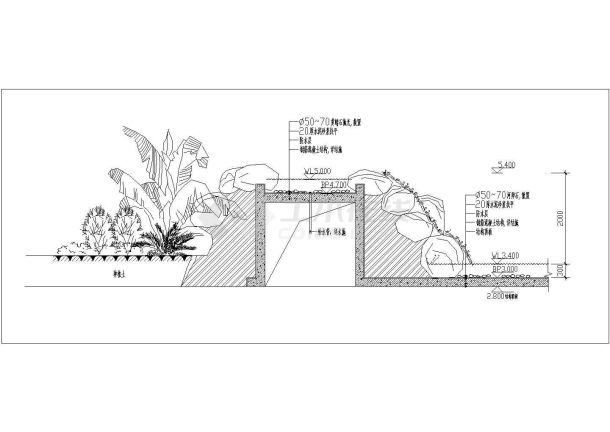 A garden sketch - CAD vertical section construction drawing of rockery waterfall design (designed by Class A Institute) - Figure 1