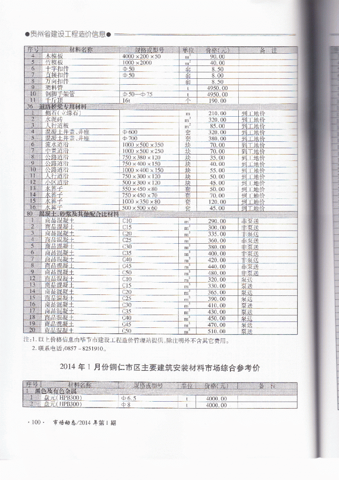 【贵州】铜仁建安工程材料价格信息（2014年1月）_图1