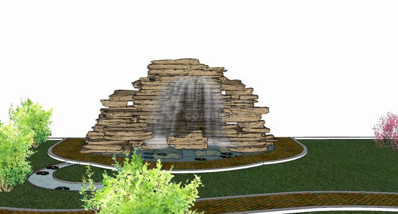新中式巍峨壮观莲池瀑布假山置石叠水su模型-图二