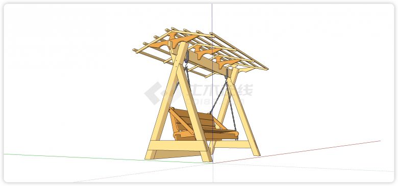 木制双坡顶靠背秋千椅su模型-图二