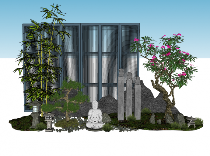 新中式私家花园 庭院景观 su模型_图1