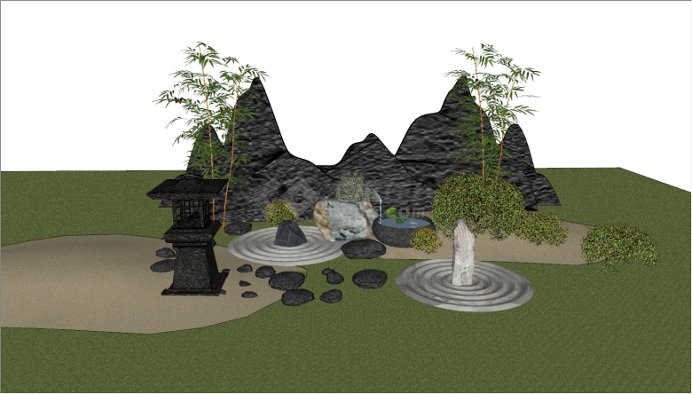 带有假山楼阁流水的新中式景观 su模型-图二