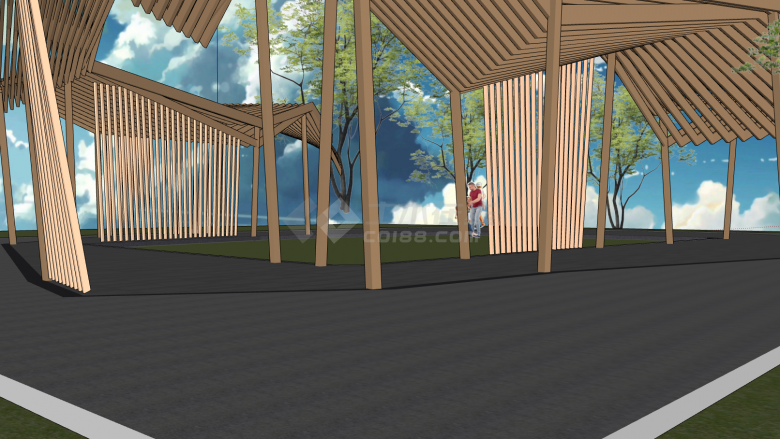 现代木质栏杆异形廊架su模型-图二