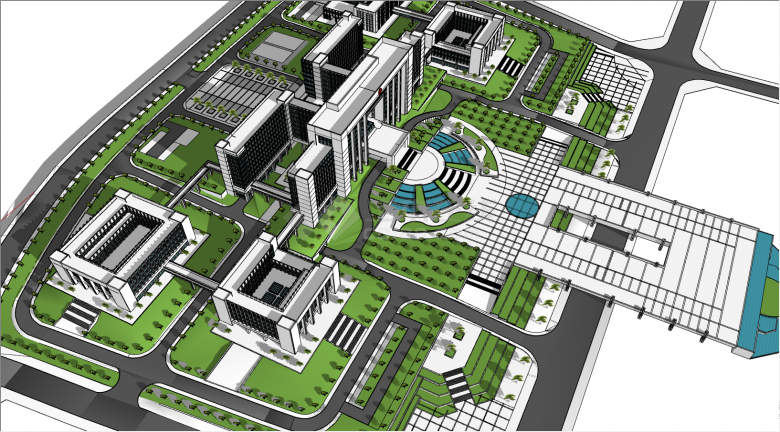 带有茂密绿植的带有多栋办公建筑的行政中心su模型-图二