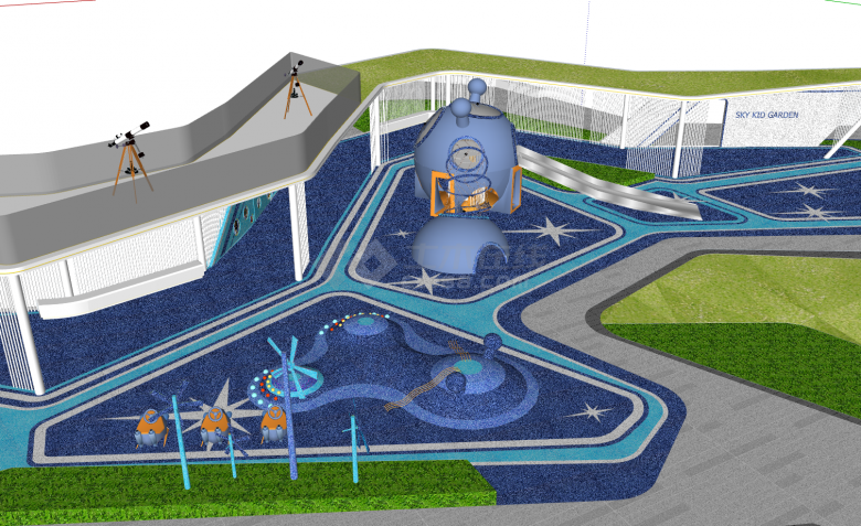 蓝色地面外星飞船滑梯精品住宅小区游乐园su模型-图一