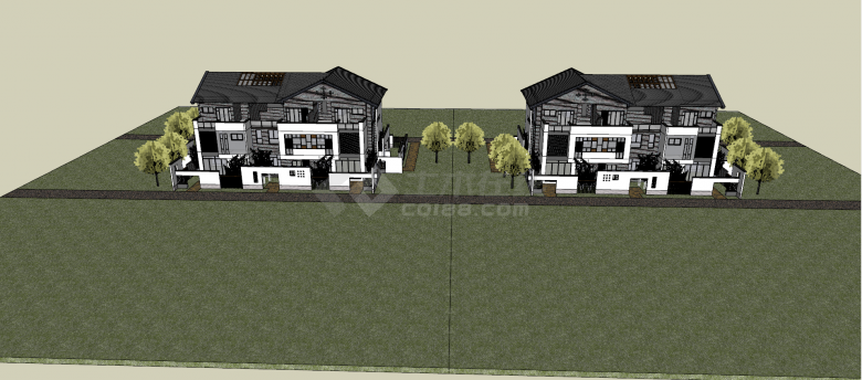 中式两栋带阳台木制天窗别墅su模型-图一