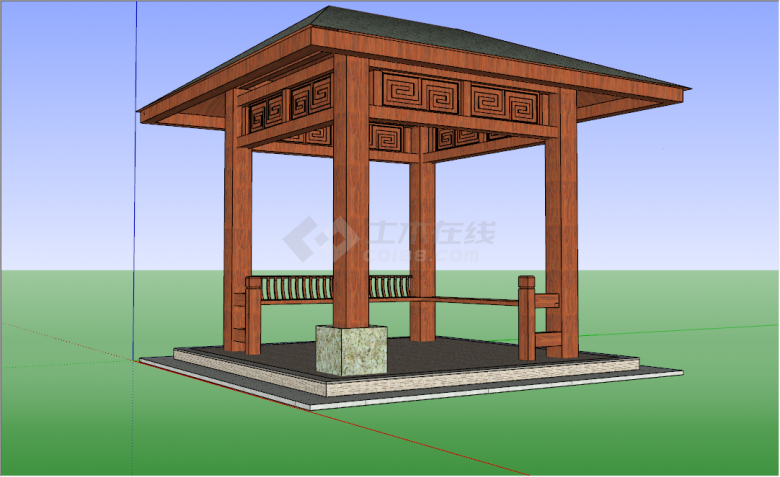 中式红木柱子四角亭su模型-图二