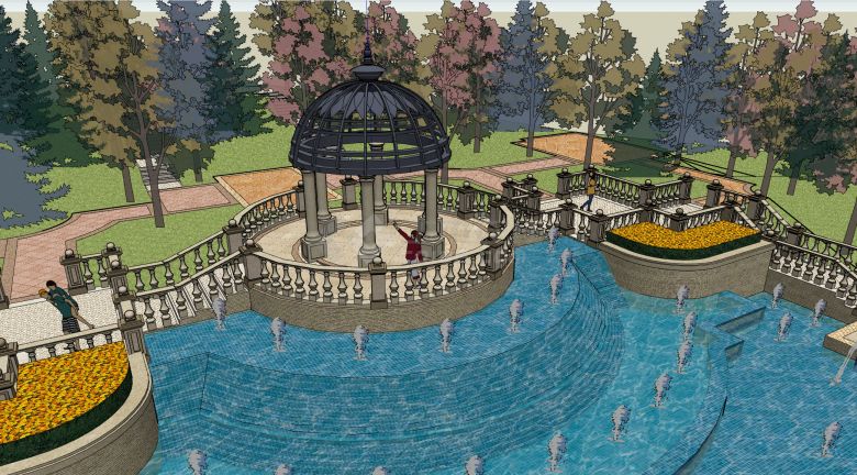 黄色花朵海螺吐水喷泉及欧式景观亭景观规划su模型-图一